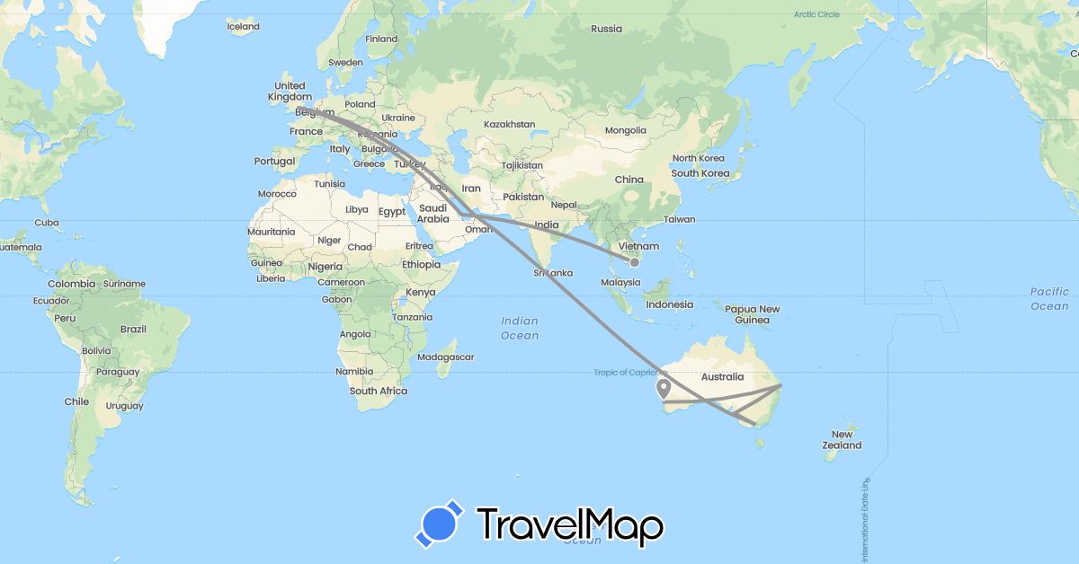 TravelMap itinerary: driving, plane in United Arab Emirates, Australia, United Kingdom, Qatar, Vietnam (Asia, Europe, Oceania)